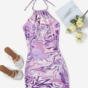 Marble Print Ruched Halter Dress